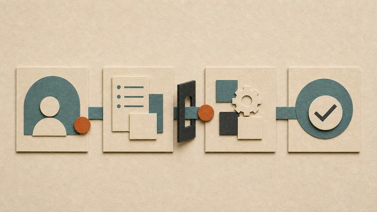 A tactile paper handoff token moves through four connected client-onboarding stations and reaches a completed state.