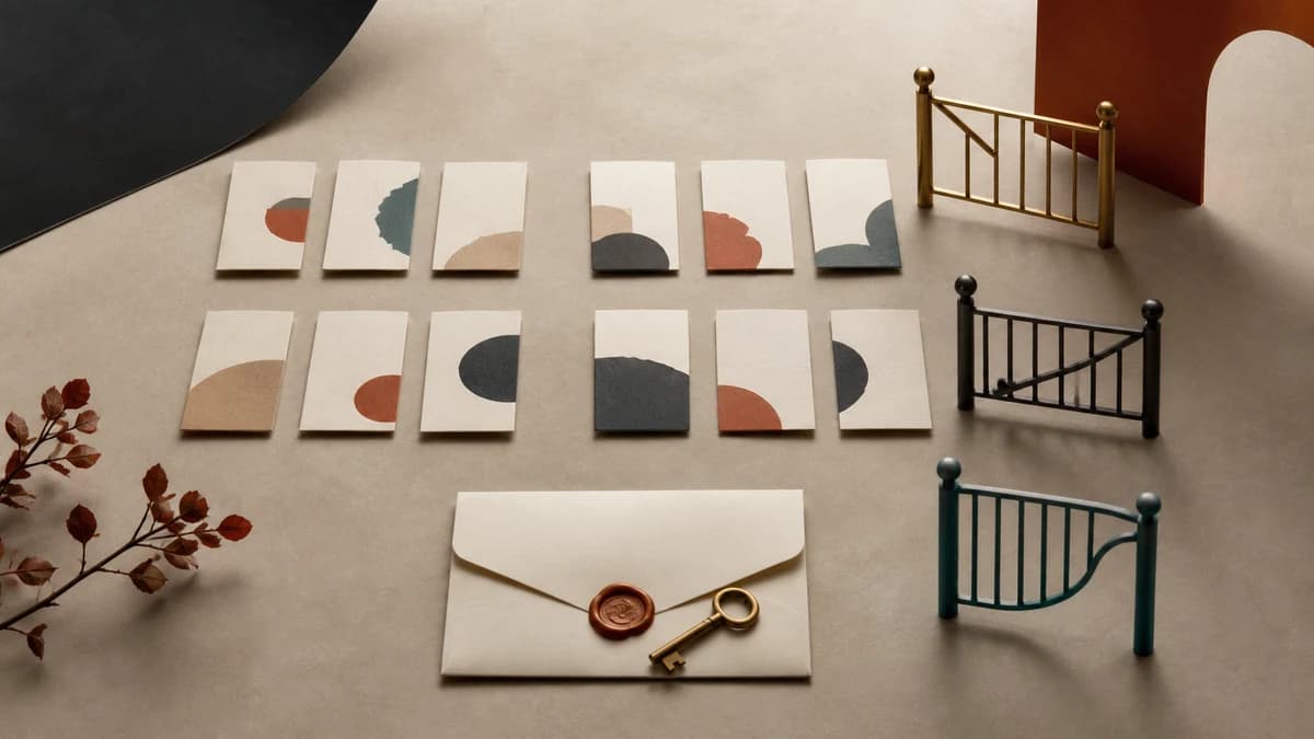 A set of evaluation cards, permission gates, and a sealed key envelope arranged on a warm tabletop.