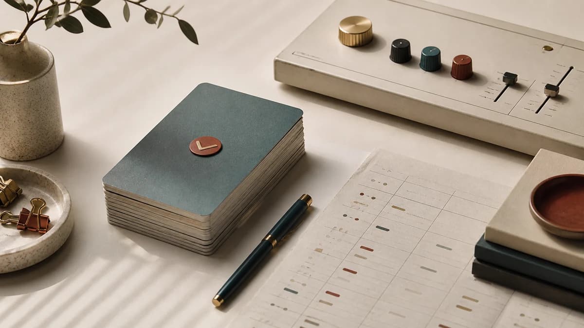 A paper ledger, a completed work queue, and restrained operator controls arranged on a warm desk.