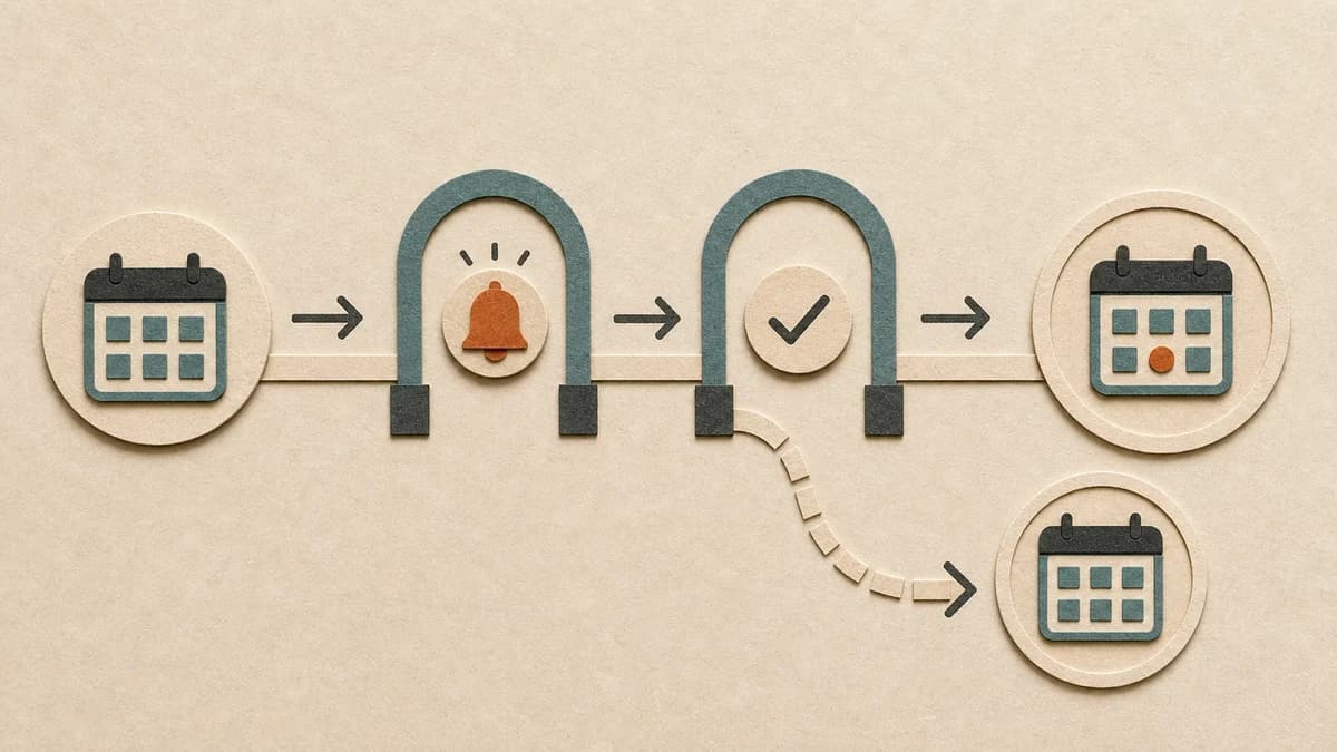 Two tactile reminder signals guide an appointment token toward a reserved slot while a second path makes rescheduling clear.