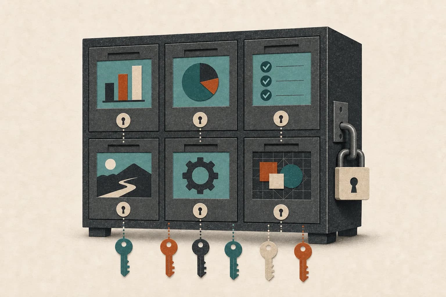 A locked cabinet contains separated business-tool modules, with individual keys arranged below it.