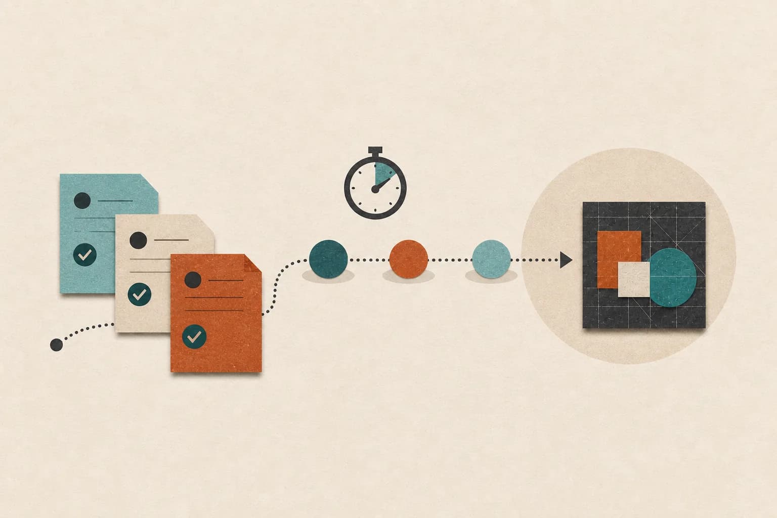 A sequence of lead cards moves through checkpoints and a timer toward an organized customer record.