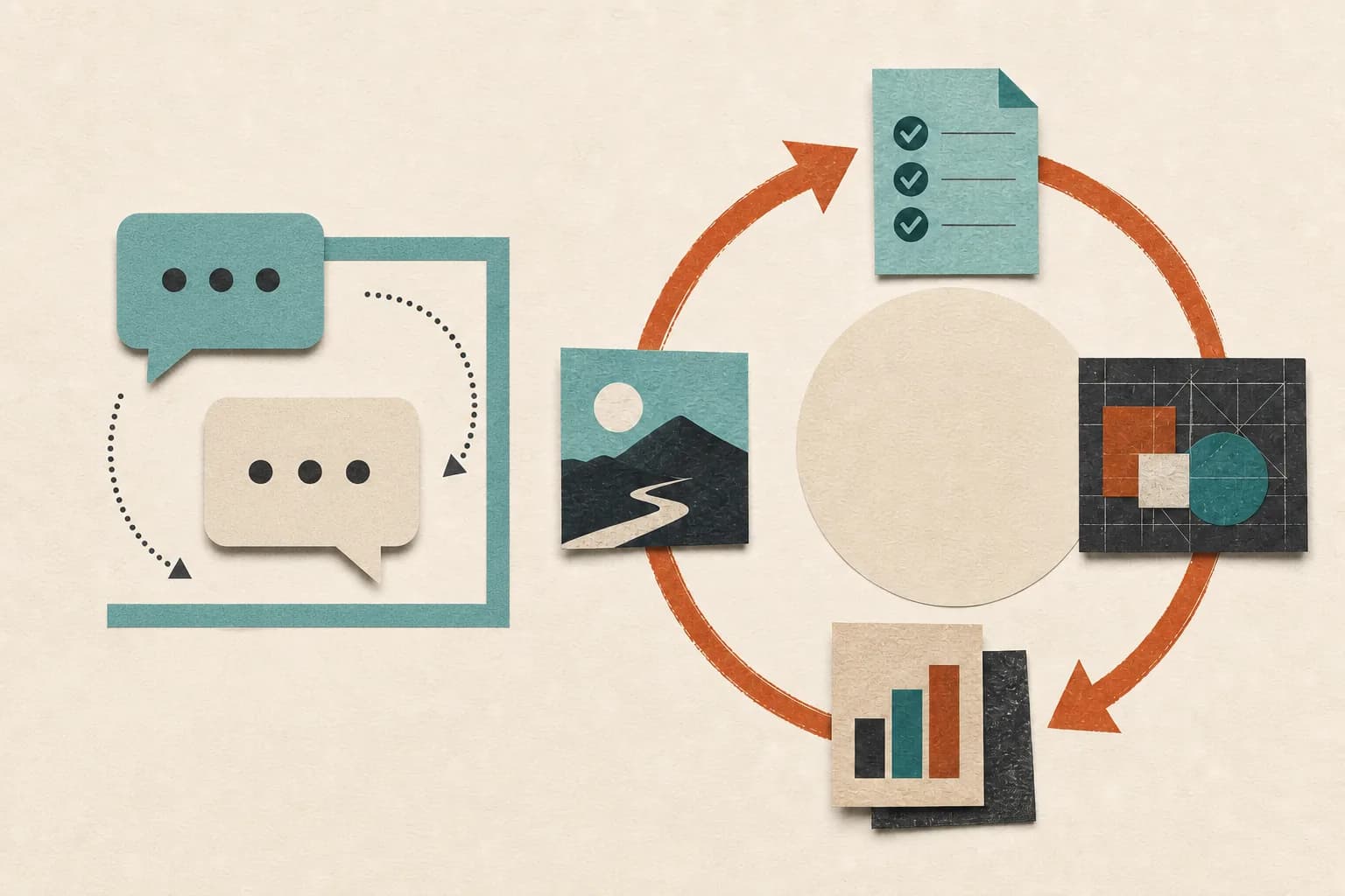 A short conversation path sits beside a circular workflow that continues through tasks and reporting.