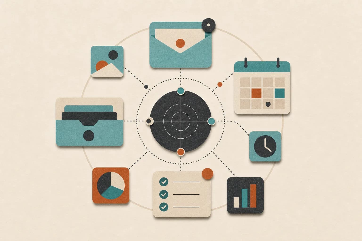 Email, calendar, briefcase, task list, and reporting cards orbit a central daily-work target.