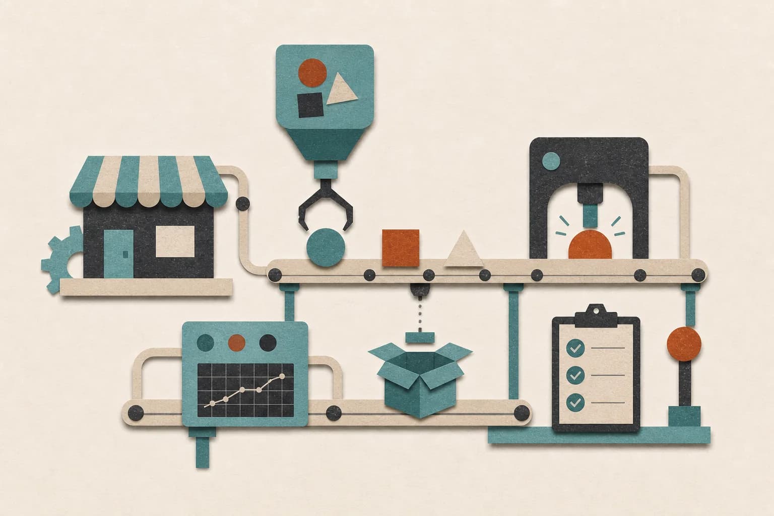 A small storefront feeds work through an orderly automation line of tools, checks, and completed outputs.