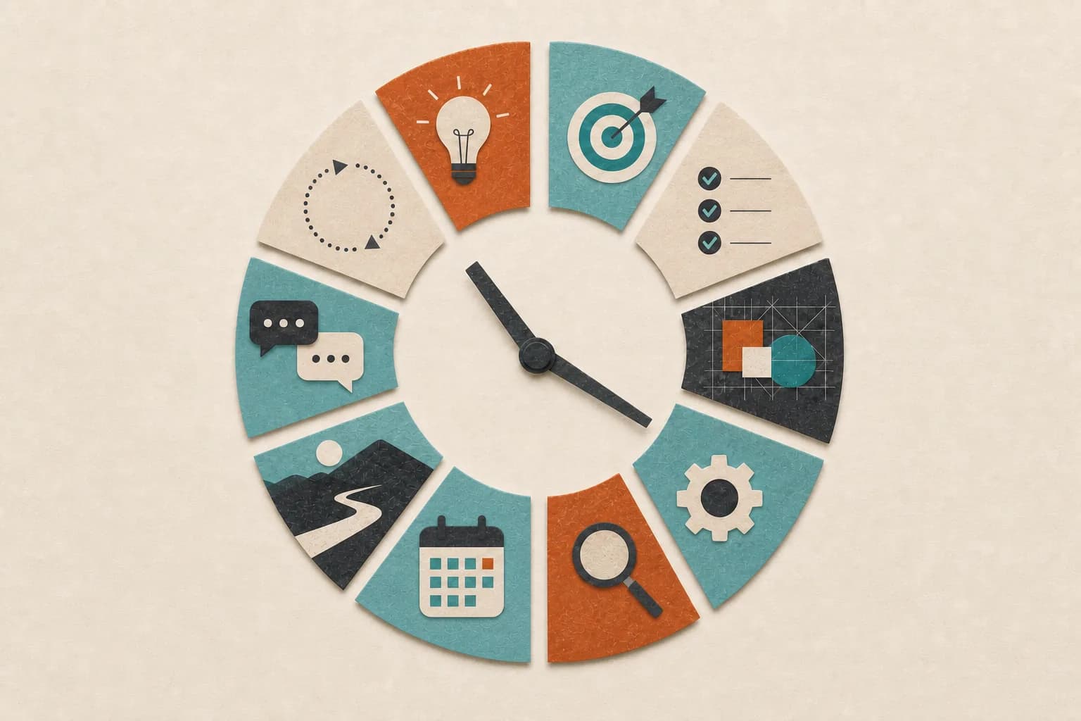 Ten distinct work segments form a clock face around the hands of a weekly schedule.