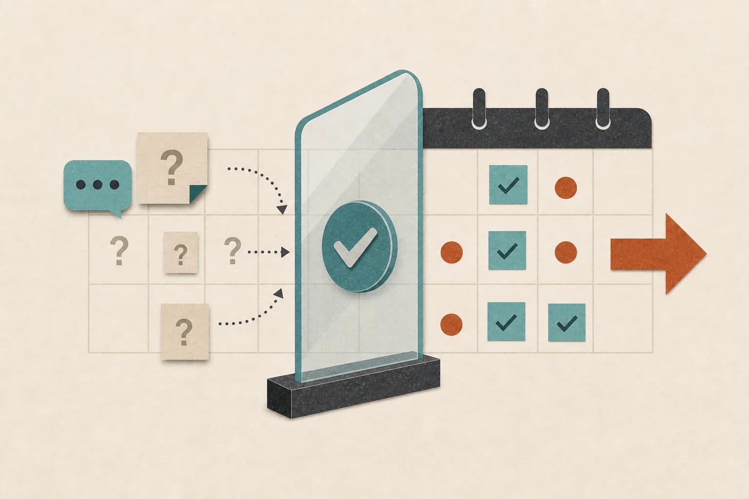 Uncertain request cards pass through a transparent checkpoint into a confirmed calendar.