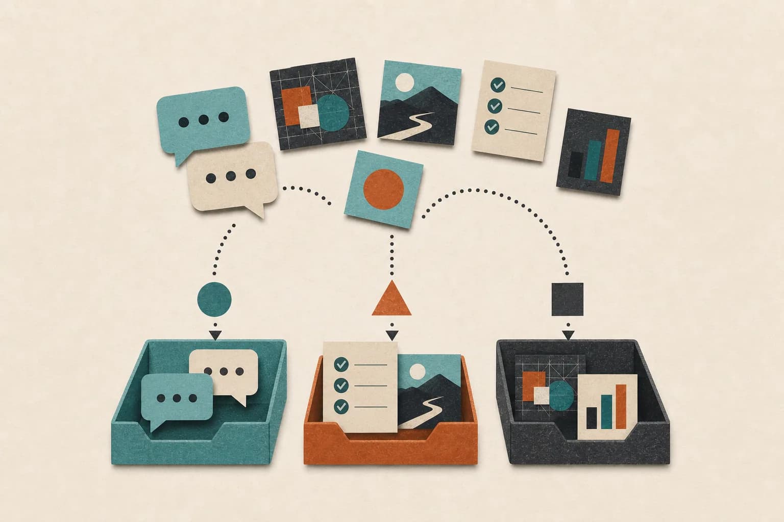 Incoming message and document cards are sorted into three organized trays for different kinds of email work.