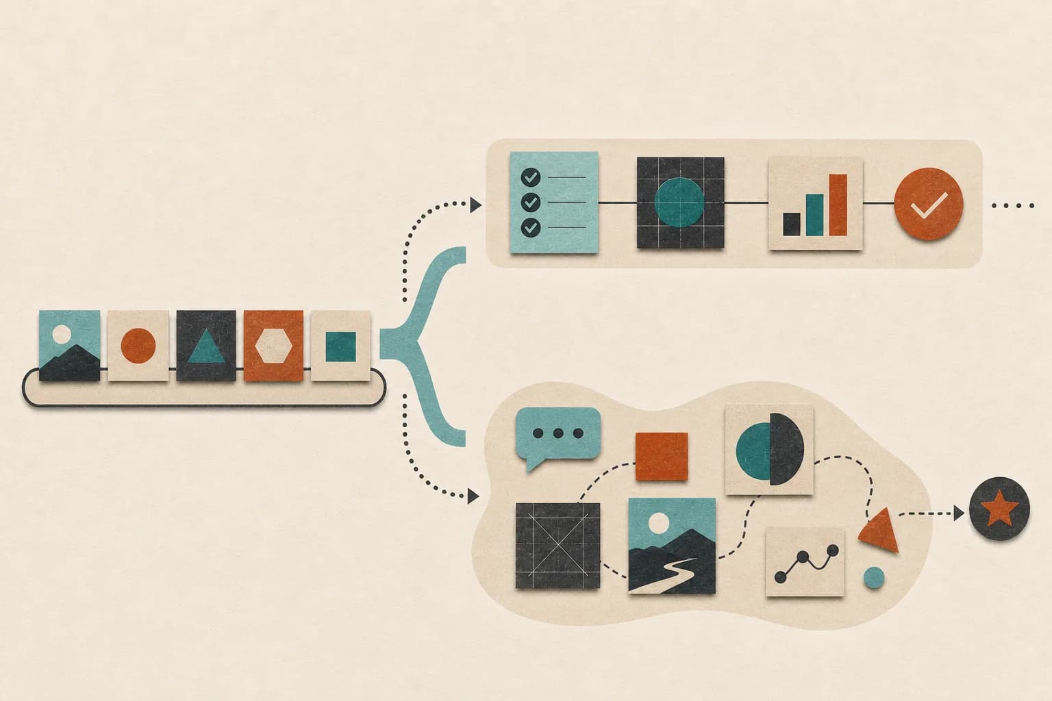 One stream of work branches into an orderly automated path and a more contextual human-assisted path.