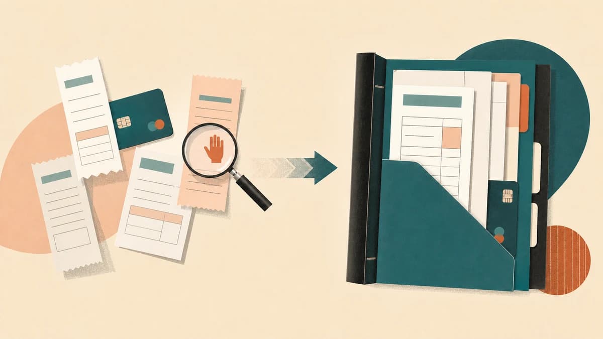 An editorial illustration of receipts and card transactions moving into an organized record system with a visible review checkpoint.