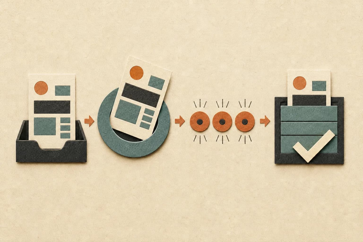 Paper invoice shapes move through an orderly four-stage path of sending, reminders, and final reconciliation.