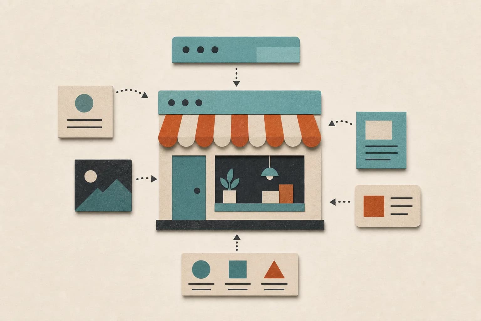 A storefront website is assembled from content, image, layout, and publishing cards flowing in from both sides.