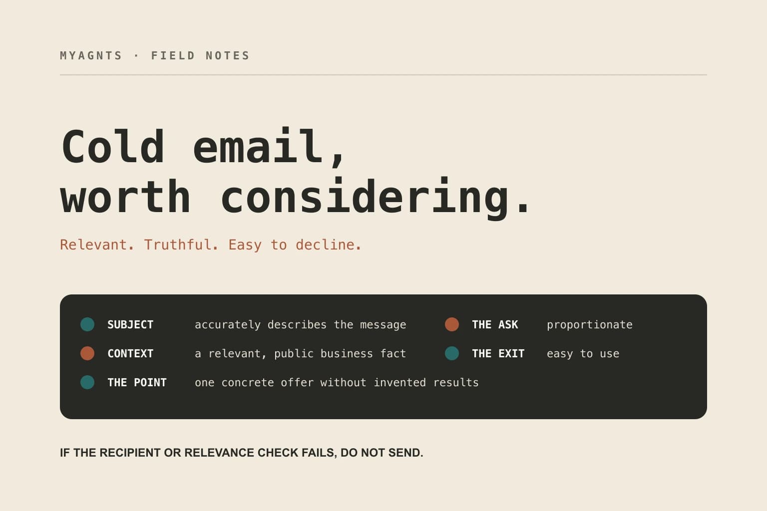An editorial diagram of a respectful cold email with a truthful subject, relevant context, a concrete offer, and an easy reply or opt-out.