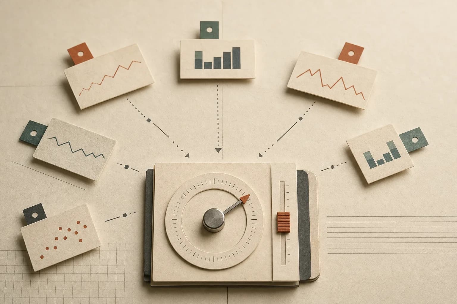 An editorial illustration of several changing price signals arriving at one calm decision desk.