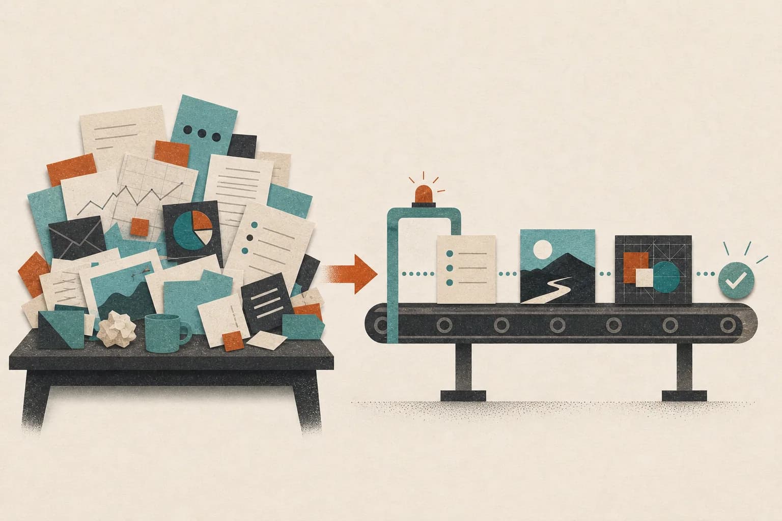 A crowded founder's desk feeds scattered work into a clean conveyor of sorted and completed tasks.