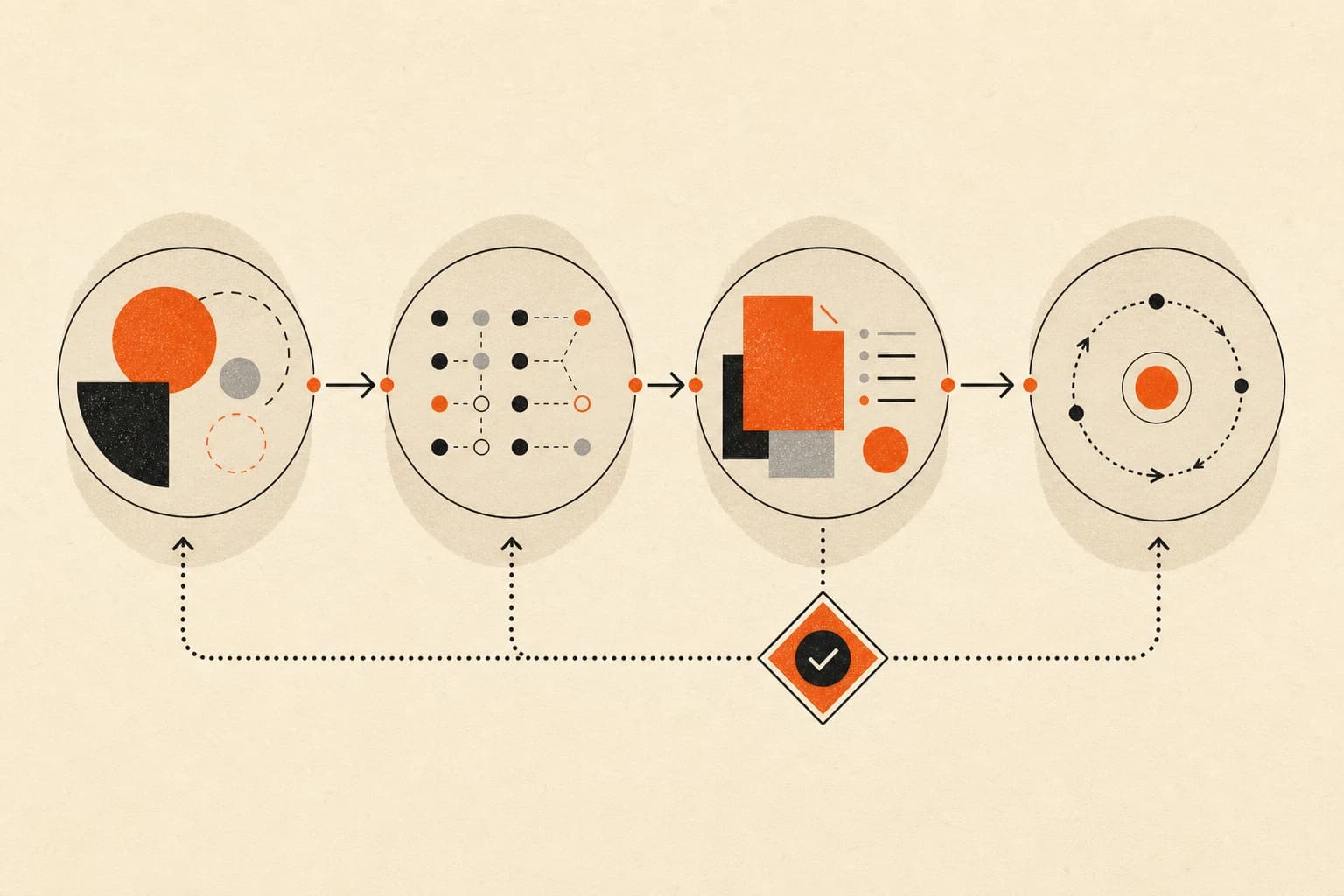 Four connected stages move from scope through tests and drafts into a supervised operating loop.