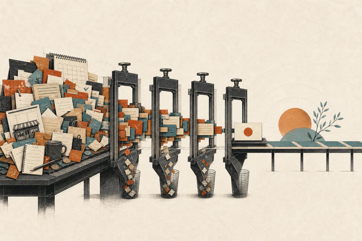 An overloaded founder workbench is relieved as tasks pass through clear stop, simplify, delegate, and protect gates.