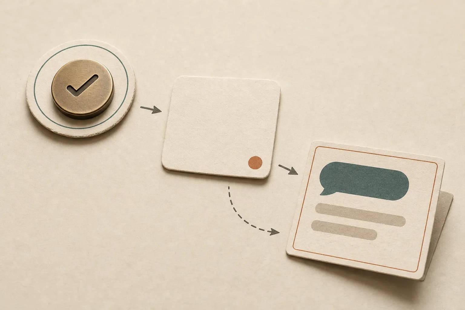 An editorial illustration of a completed customer experience leading naturally to an open feedback conversation.