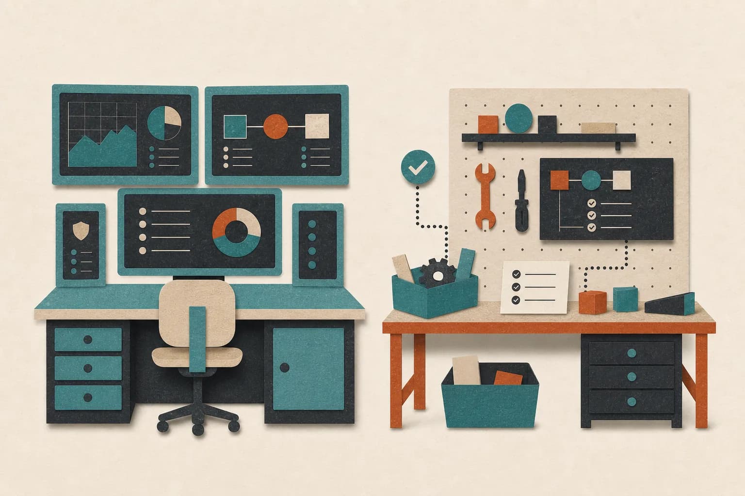 A monitored operator console is contrasted with a configurable workshop of tools, modules, and settings.