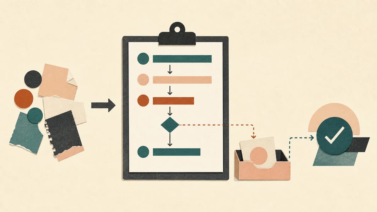 An editorial illustration of a recurring task being organized into a clear document with decision points, an exception path, and a completion check.