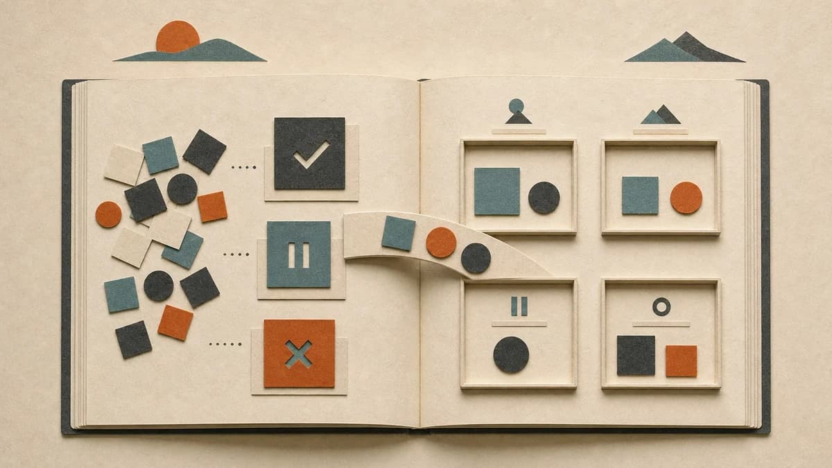 A tactile weekly ledger sorts loose paper commitments into completed, carried forward, and deliberately parked groups.