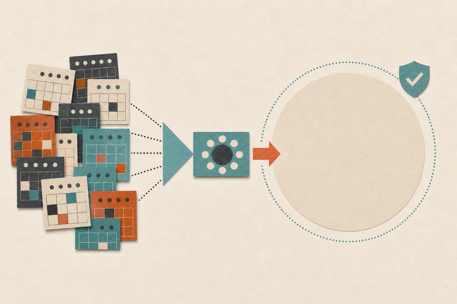 Overlapping calendar blocks and meeting notes funnel into one small, protected focus-time circle.