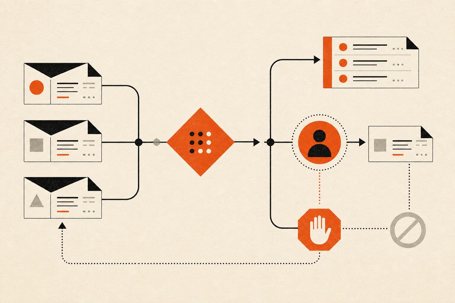 Structured correspondence moves through a decision gate toward a queue, human review, or stop path.