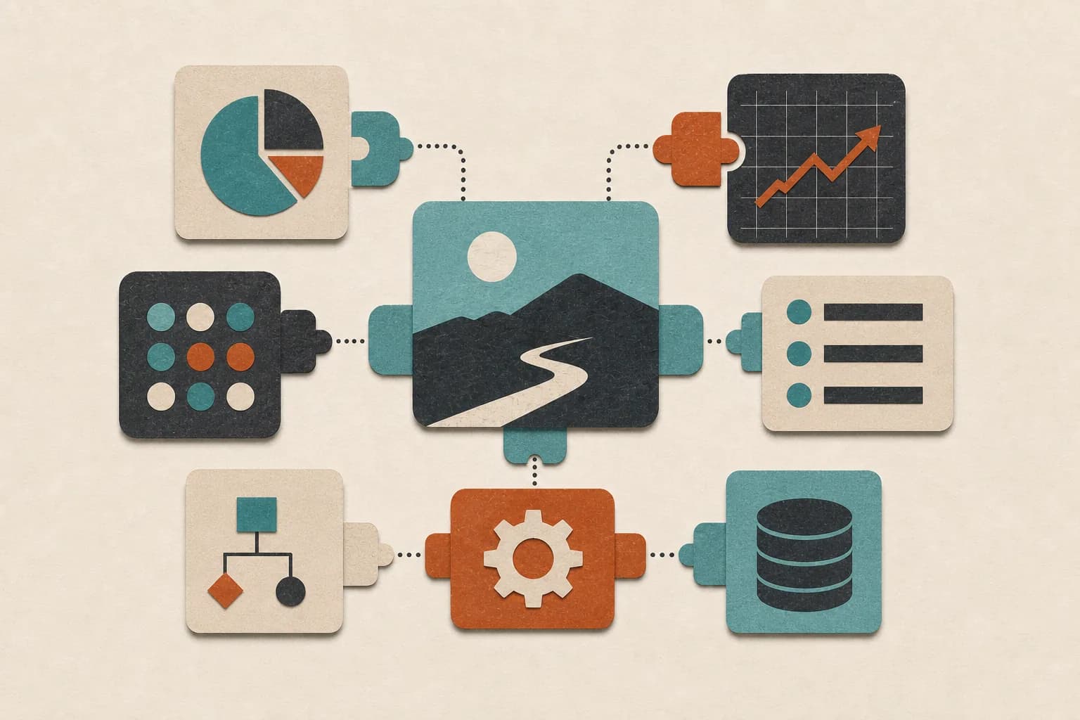 Business-tool modules connect through simple puzzle pieces to a central no-code assistant workflow.