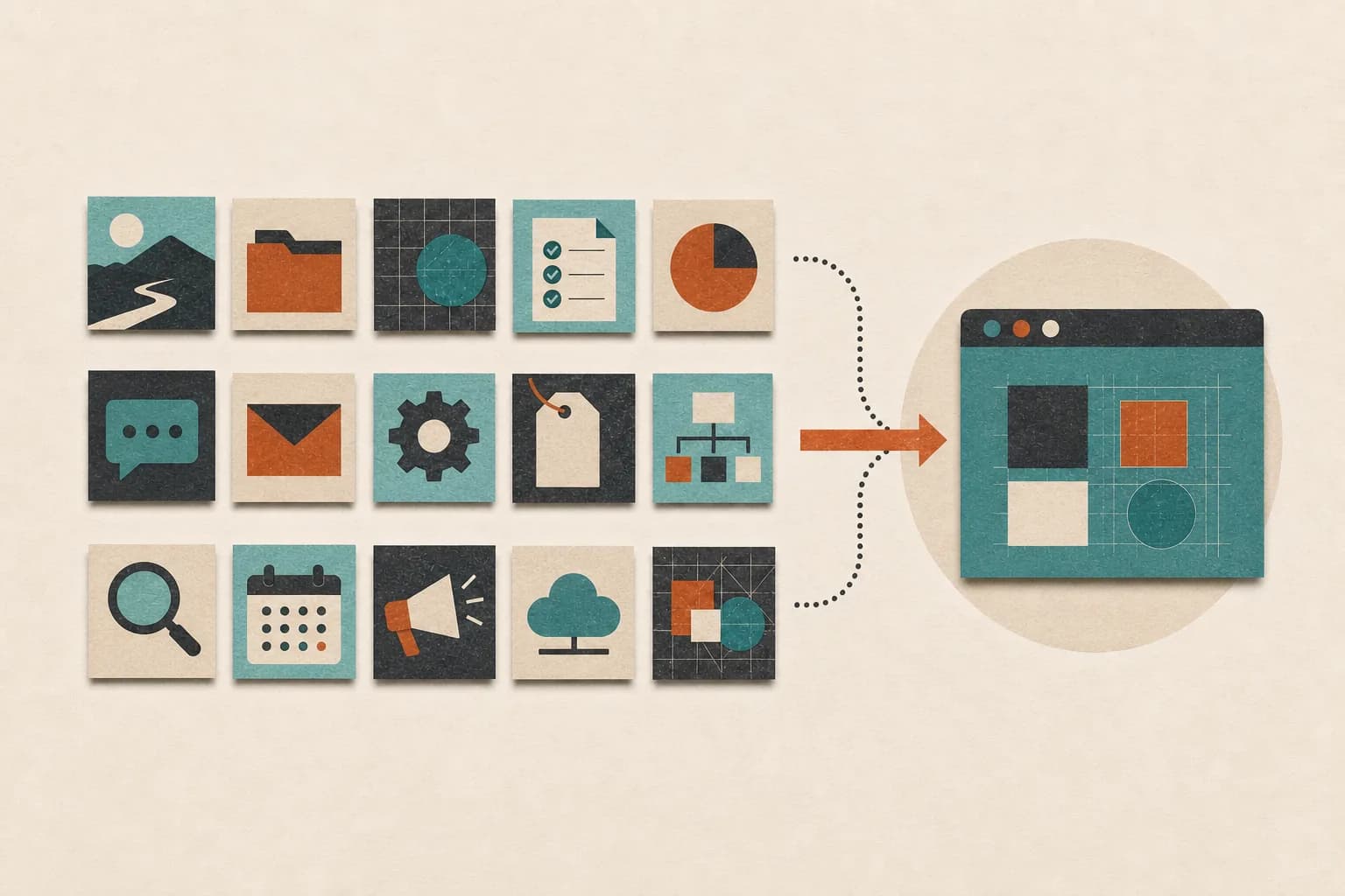 Fifteen task cards in three rows flow into one organized small-business operating system.