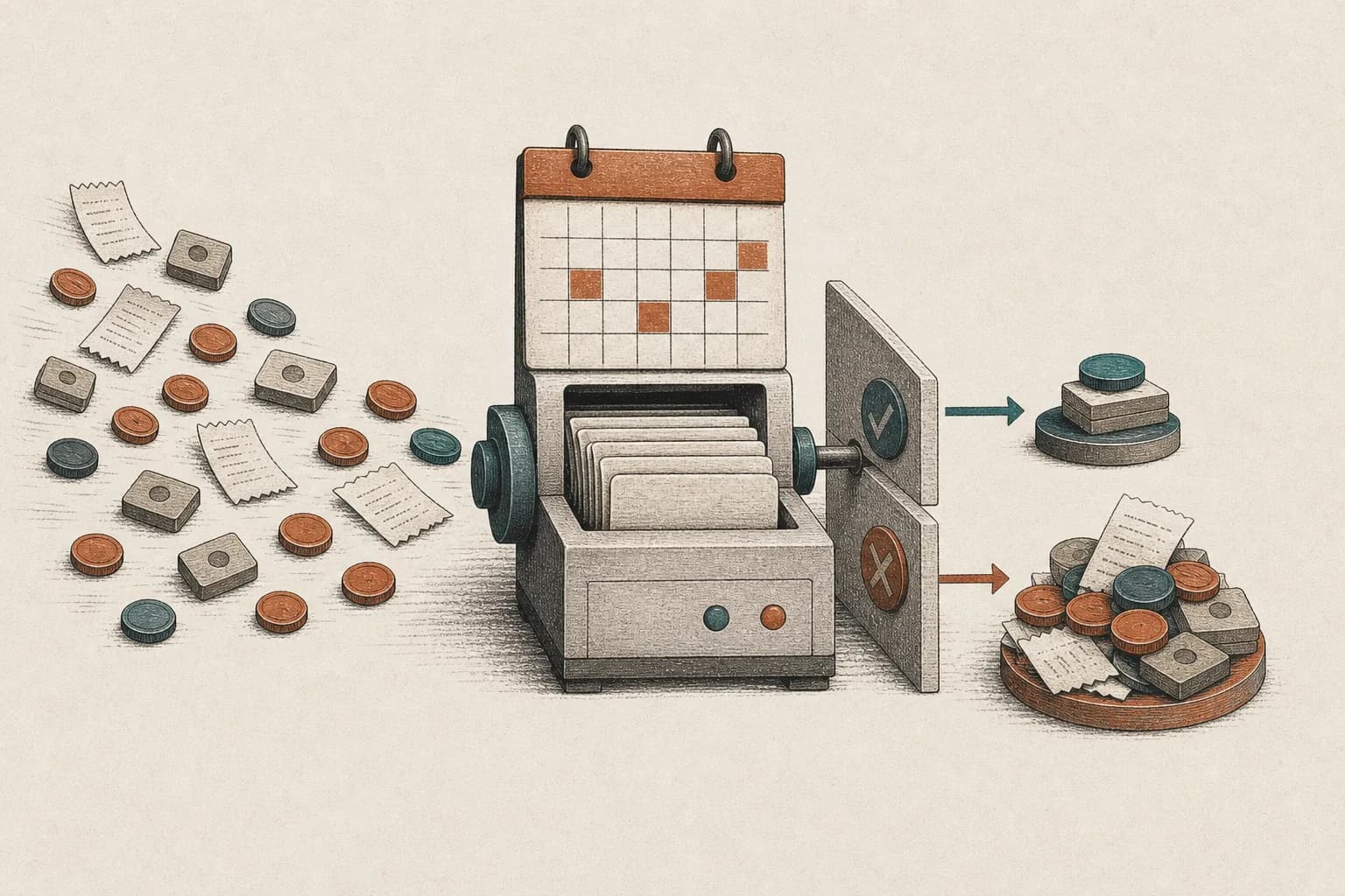Editorial collage of recurring charge tokens and receipts moving through a calendar ledger toward a deliberate review gate.
