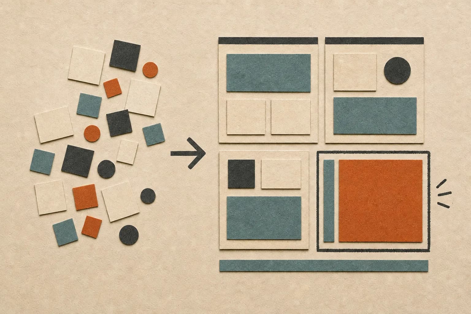 Scattered paper task tiles move into an orderly calendar with one large rust-colored focus block protected by a charcoal boundary.