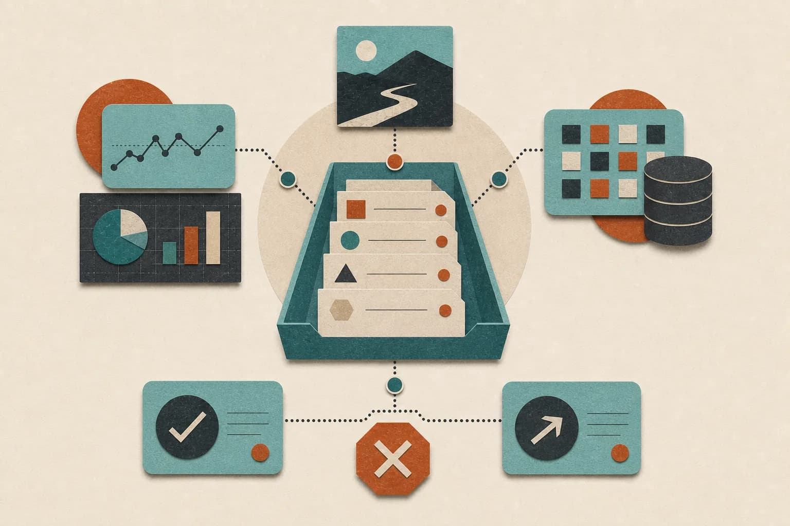 A central work queue is surrounded by monitoring, memory, approval, and data controls.