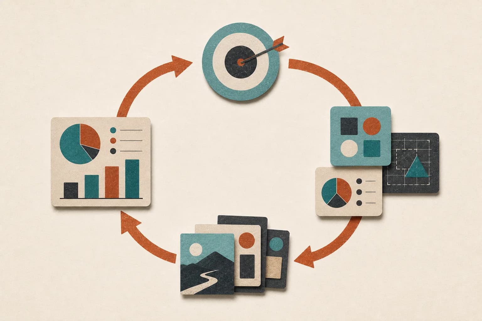 A circular workflow links a goal target, business-tool modules, completed action cards, and a return report.